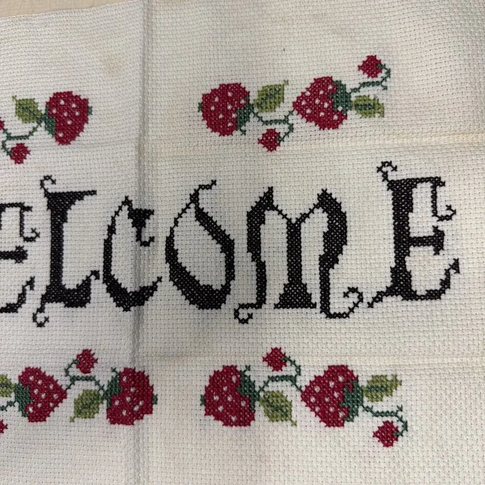 Cross Stitch Welcome Strawberries Finished Completed Sampler Vintage 80’s Gift